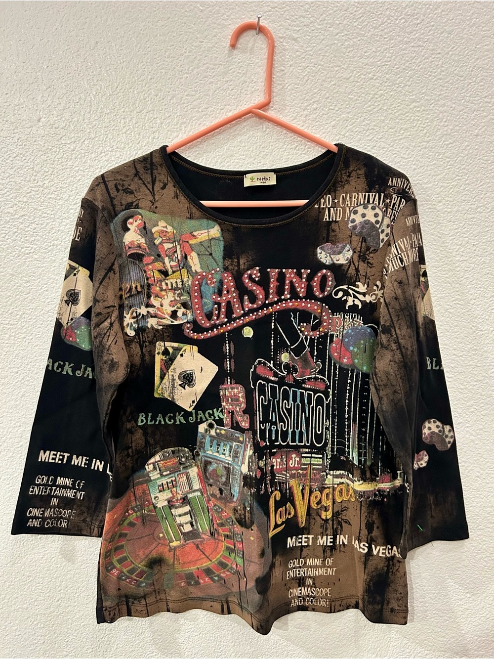 Cactus Brand CASINO Graphic Long Sleeve Top - Black & Brown Size L